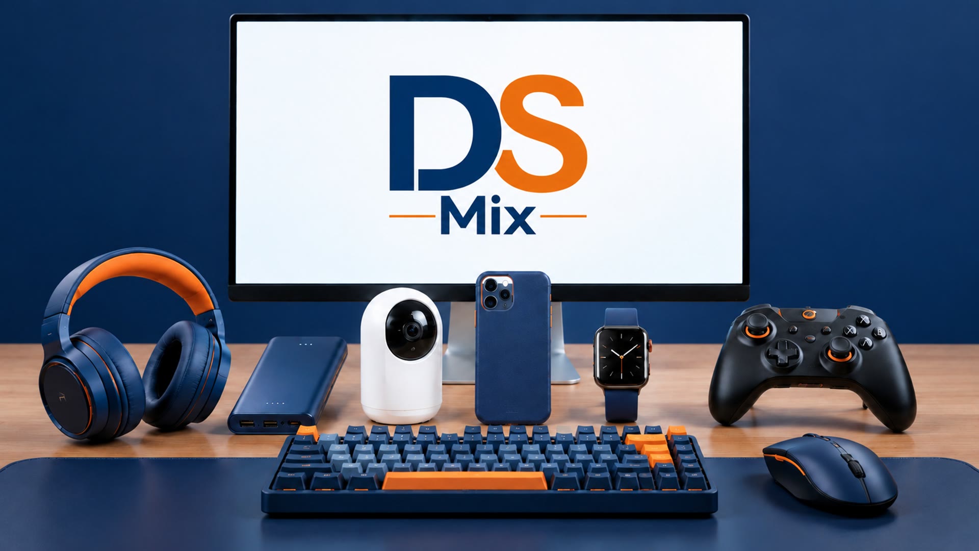 Produtos da DS Mix sobre uma mesa: fone de ouvido, power bank, câmera de segurança, capinha de celular, smartwatch, teclado, mouse e controle de videogame, com a logo DS Mix na tela do computador